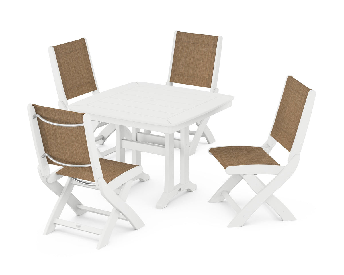 POLYWOOD Coastal Folding Side Chair 5-Piece Dining Set with Trestle Legs in White / Burlap