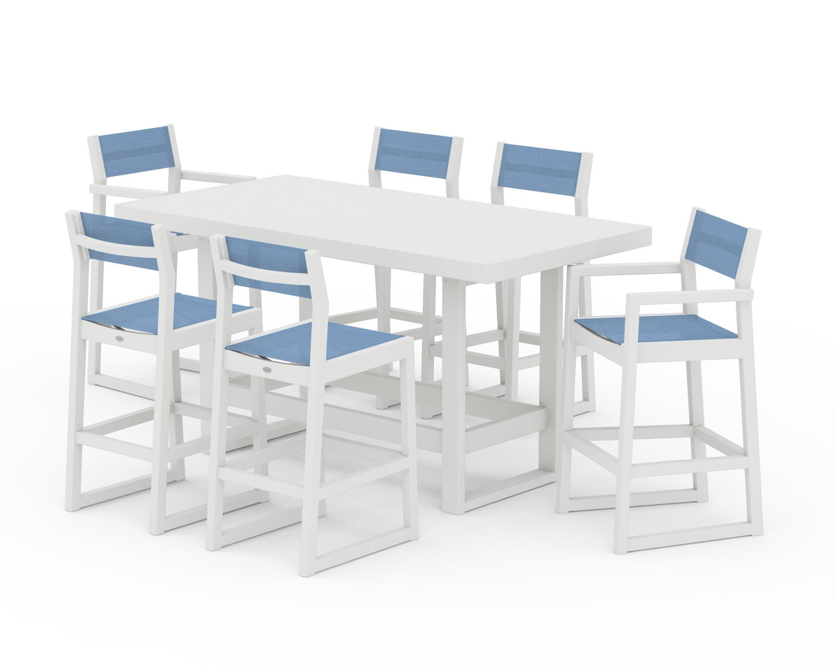 POLYWOOD EDGE Sling 7-Piece Bar Table Set in Vintage White / Poolside