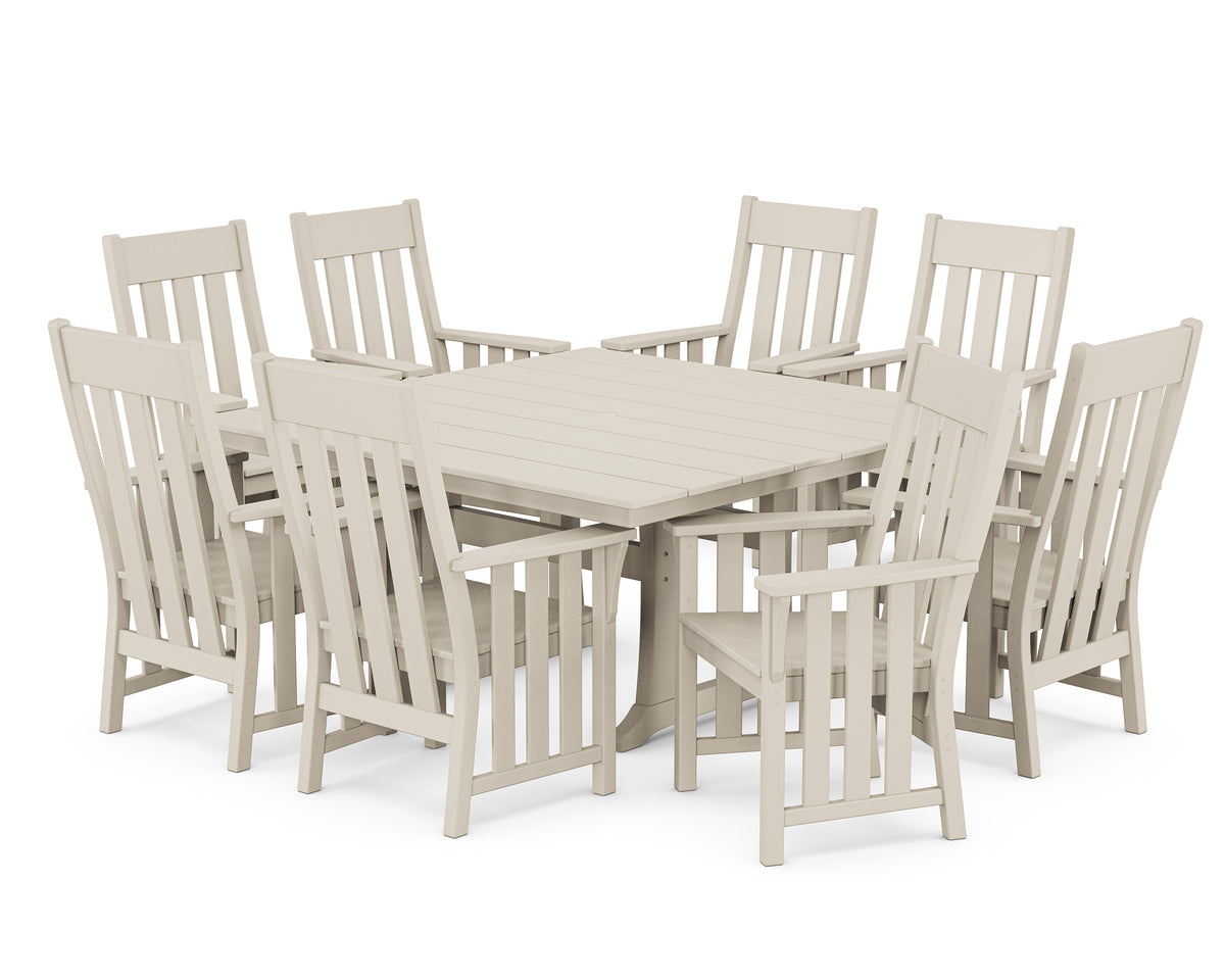 POLYWOOD Acadia 9-Piece Square Farmhouse Dining Set with Trestle Legs in Sand