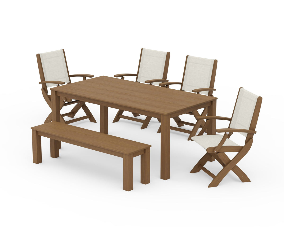 POLYWOOD Coastal Folding Chair 6-Piece Parsons Dining Set with Bench in Natural / Parchment