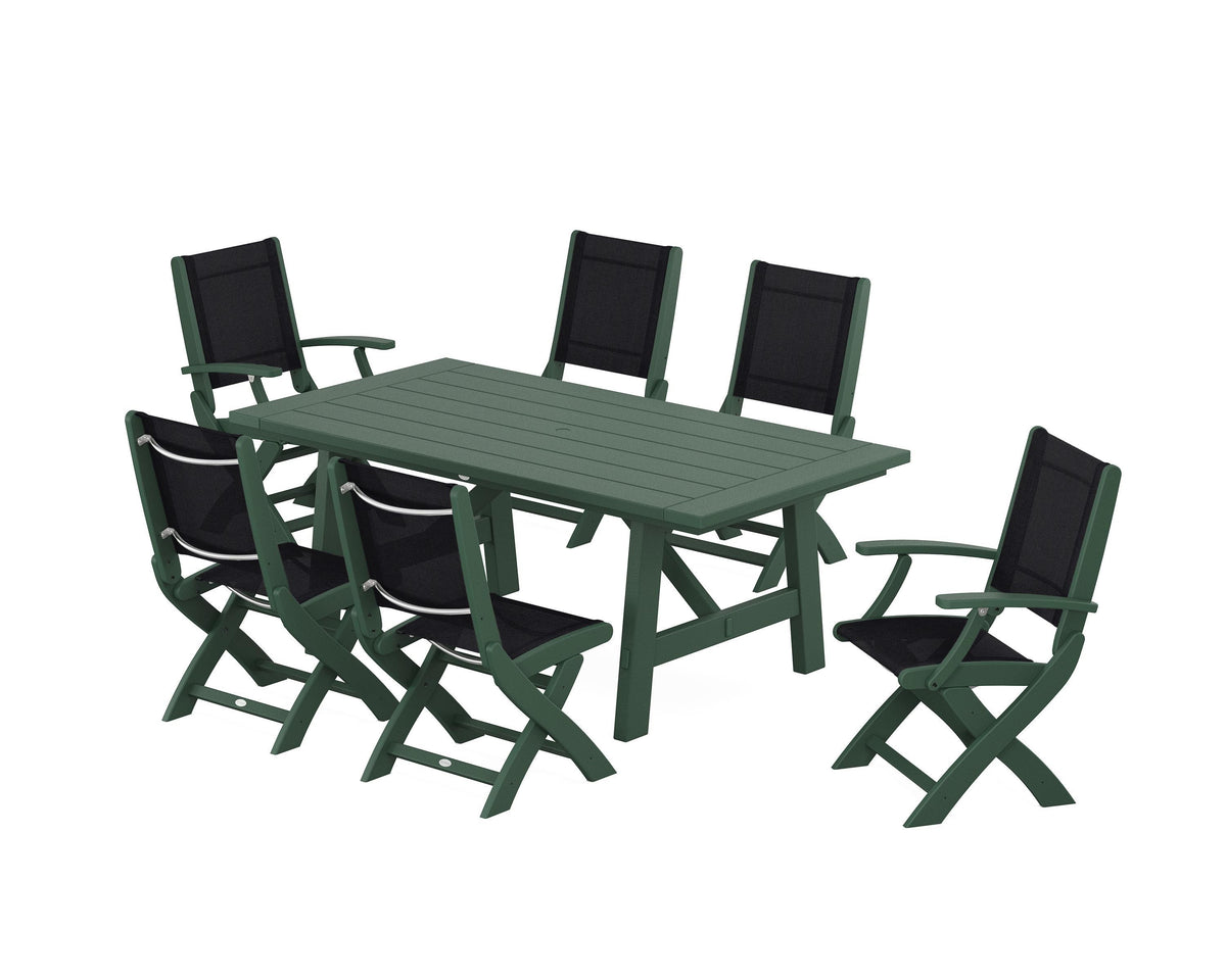 POLYWOOD Coastal Folding Chair 7-Piece Rustic Farmhouse Dining Set in Green / Black