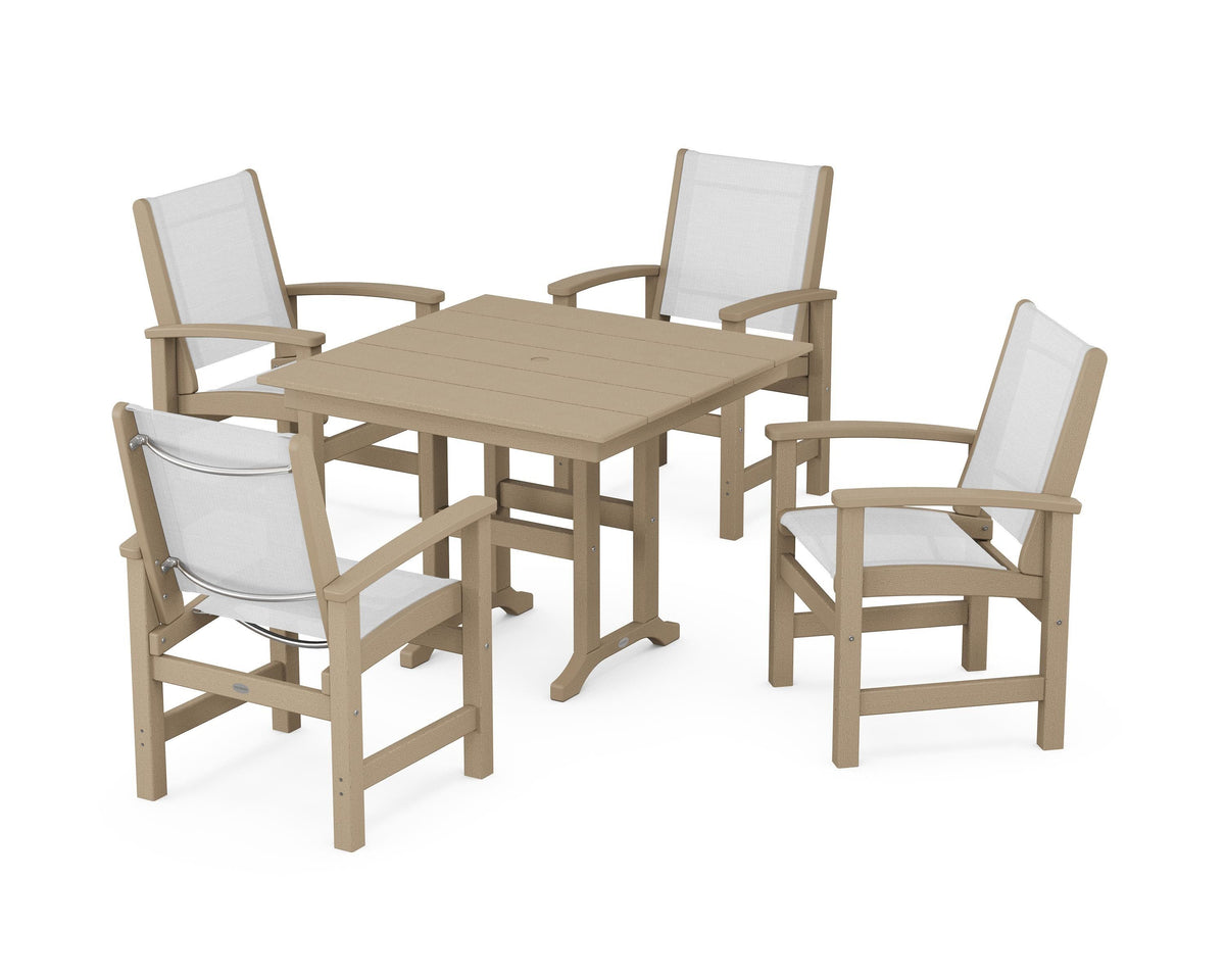 POLYWOOD Coastal 5-Piece Farmhouse Dining Set with Farmhouse 37" Dining Table in Vintage Sahara / White