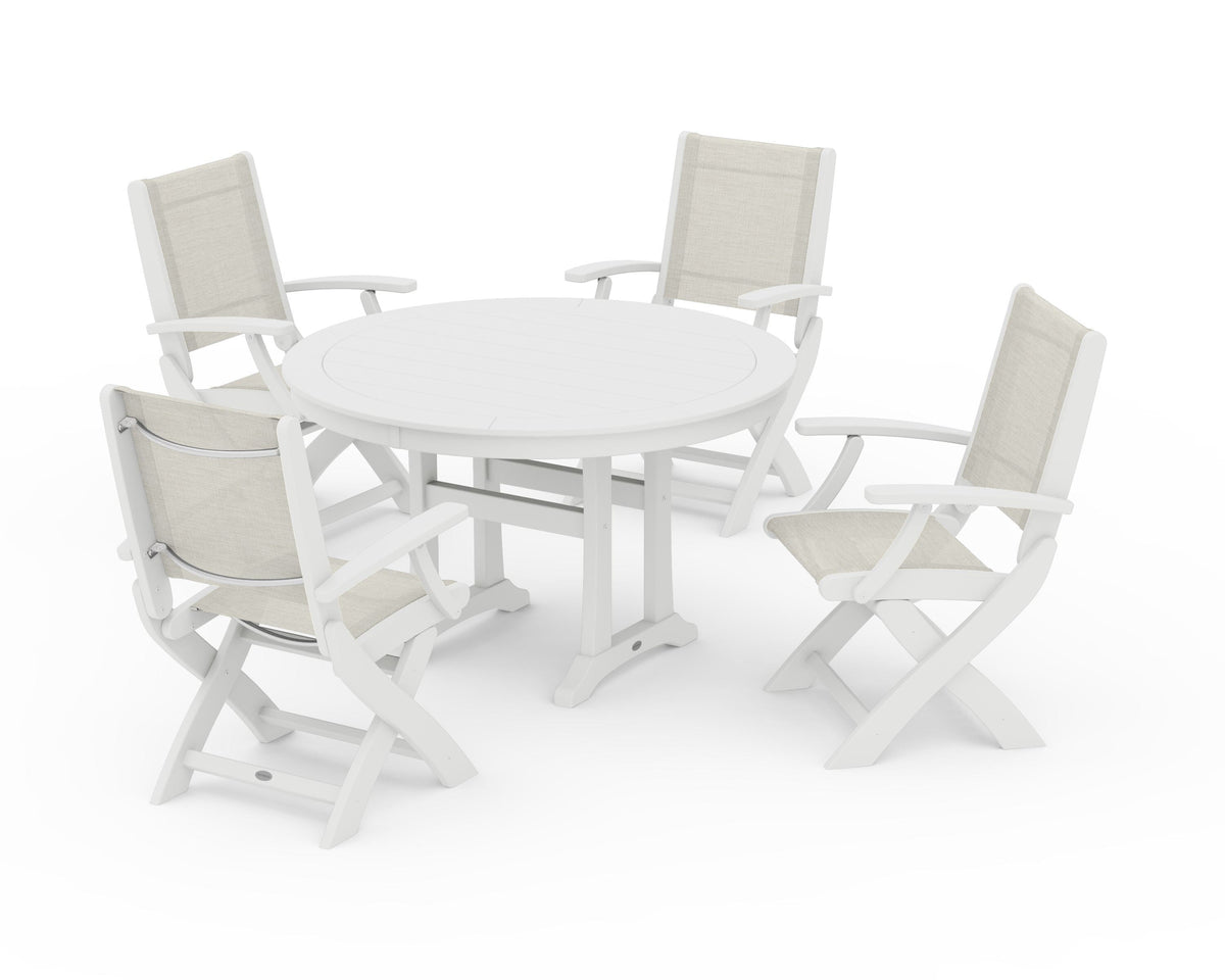 POLYWOOD Coastal Folding Chair 5-Piece Round Dining Set with Trestle Legs in White / Parchment