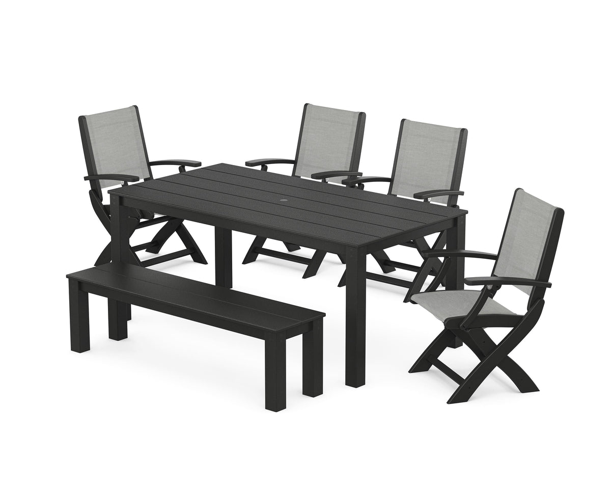 POLYWOOD Coastal Folding Chair 6-Piece Parsons Dining Set with Bench in Black / Metallic