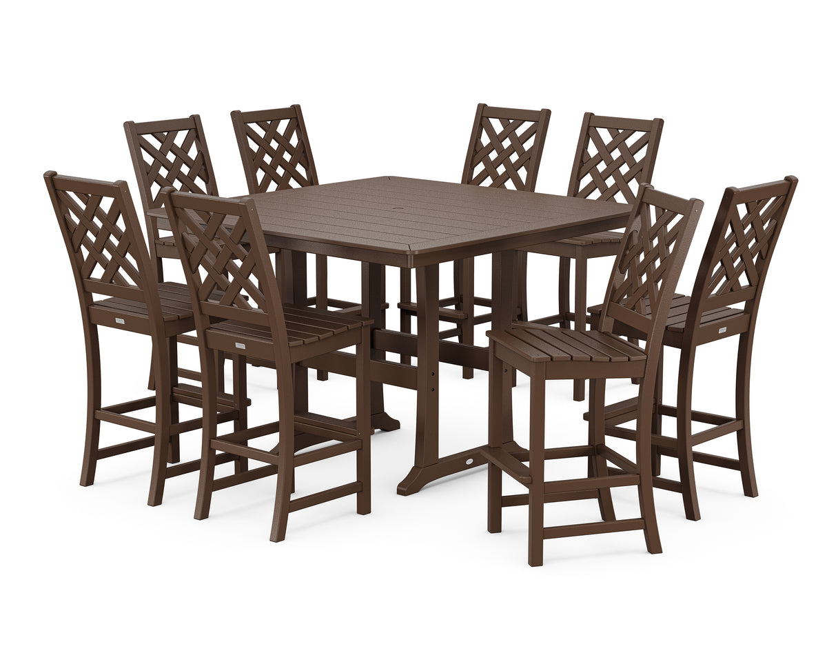 POLYWOOD Country Living Wovendale Side Chair 9-Piece Square Bar Set with Trestle Legs in Mahogany