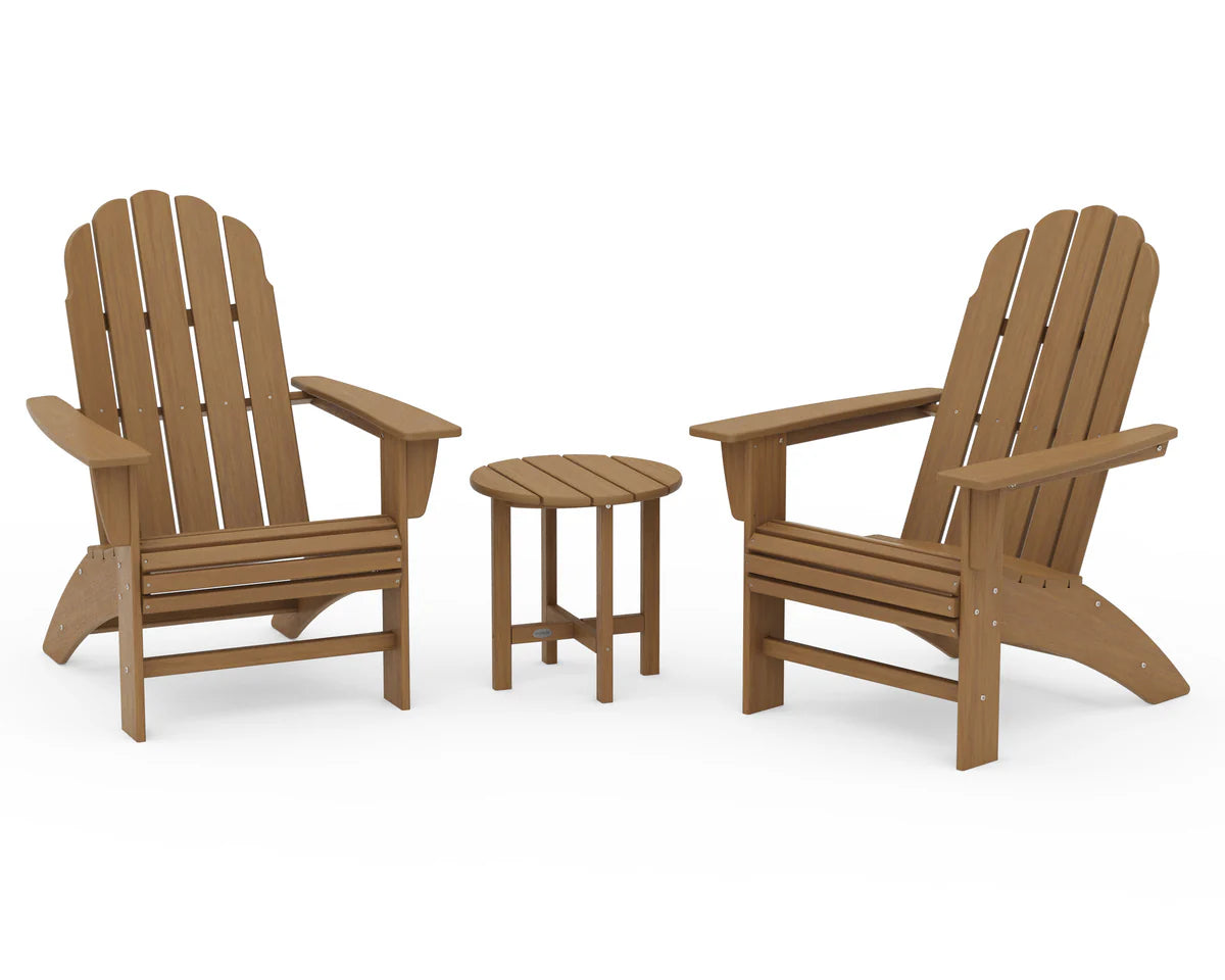 Two wooden Adirondack chairs with a matching side table on a white background
