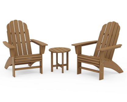 Two wooden Adirondack chairs with a matching side table on a white background