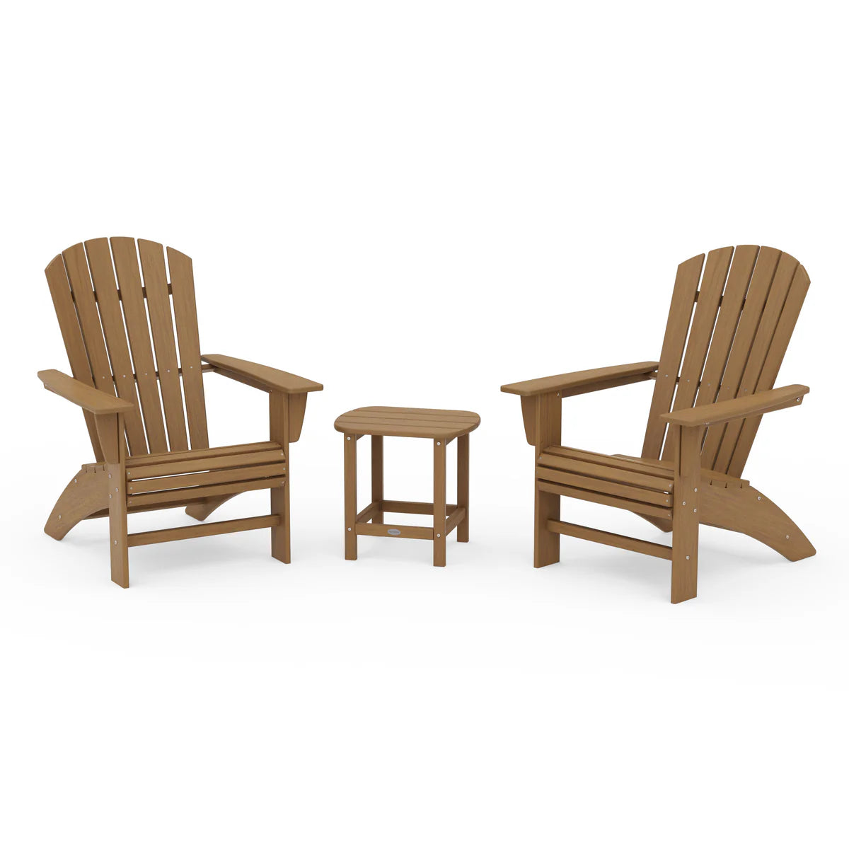 Two wooden Adirondack chairs with a matching side table on a white background