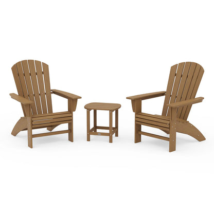 Two wooden Adirondack chairs with a matching side table on a white background