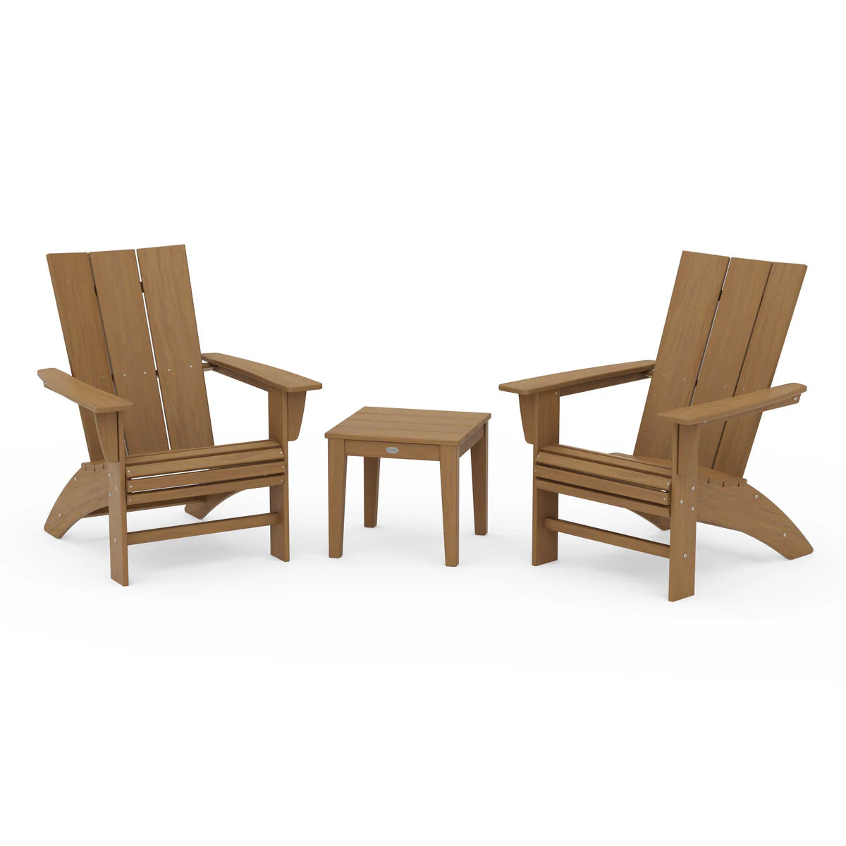 Two wooden Adirondack chairs with a small table on a white background
