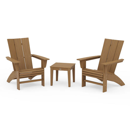 Two wooden Adirondack chairs with a small table on a white background