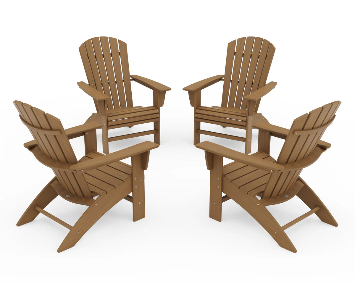 Four wooden Adirondack chairs on a white background