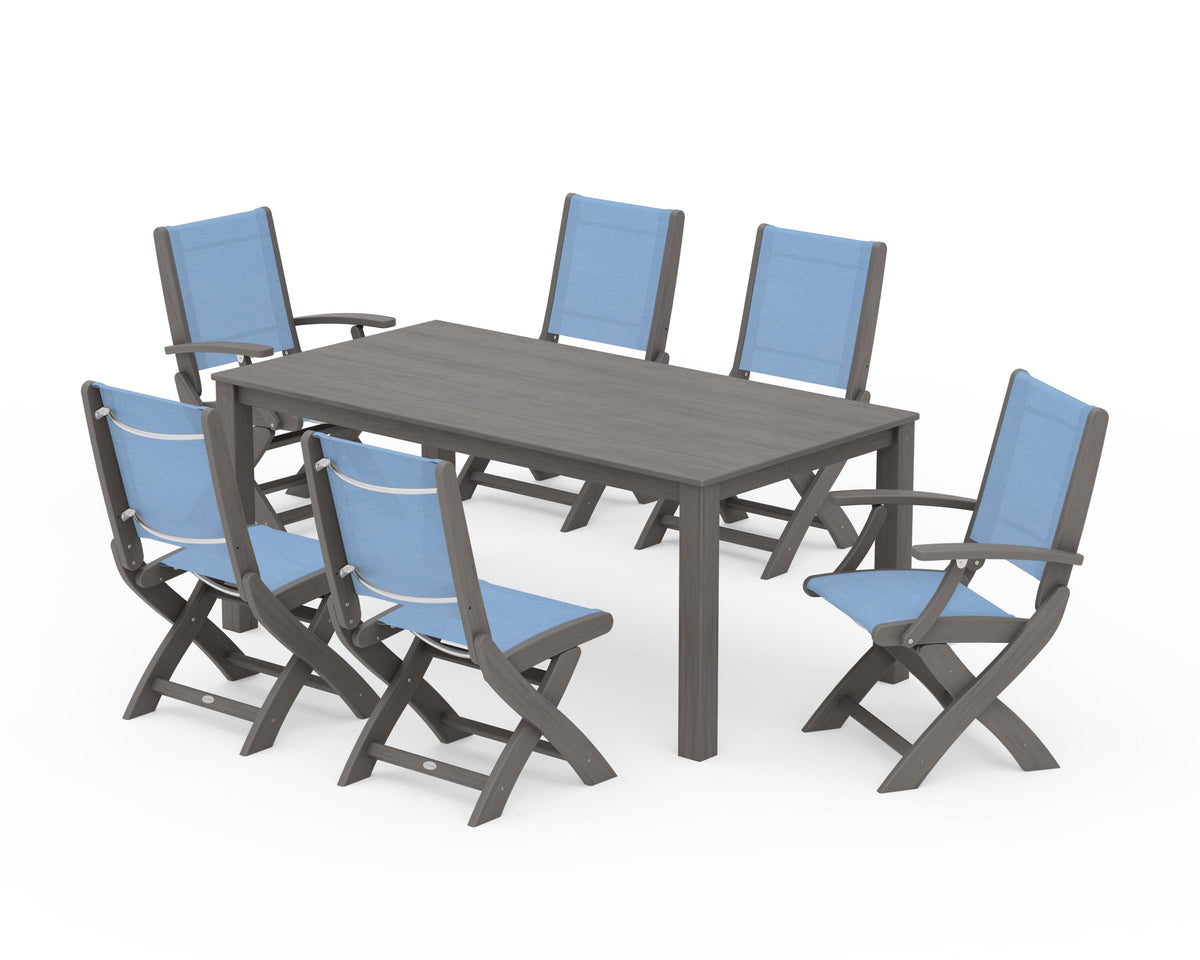 POLYWOOD Coastal Folding Chair 7-Piece Parsons Dining Set with Coastal Folding Side Chair in Driftwood / Poolside