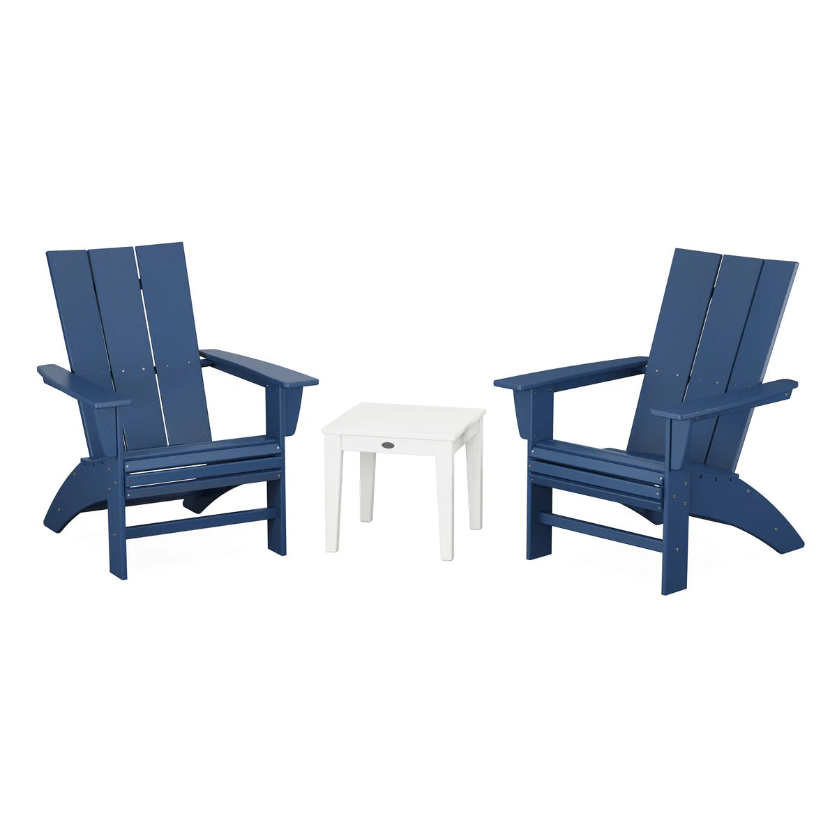 Two blue Adirondack chairs with a white table on a white background