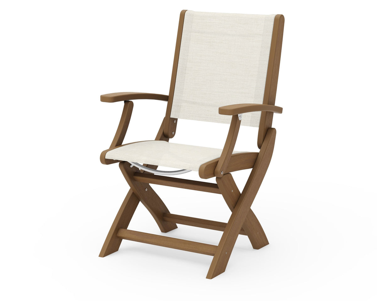 POLYWOOD Coastal Folding Chair in Natural with Natural arms and Parchment sling