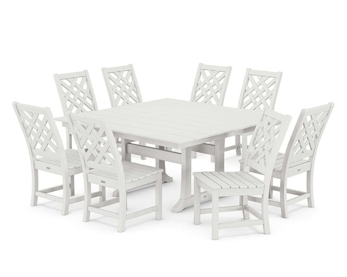 POLYWOOD Wovendale Side Chair 9-Piece Square Farmhouse Dining Set with Trestle Legs in White