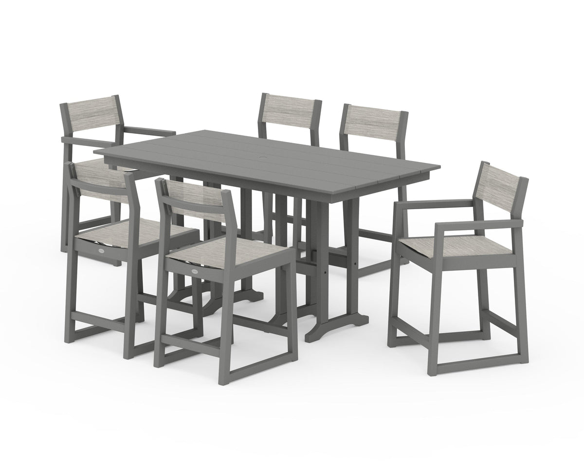 POLYWOOD EDGE Sling 7-Piece Farmhouse Counter Set with Trestle Legs in Slate Grey / Birch