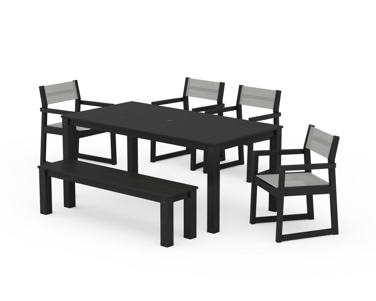 POLYWOOD EDGE Sling Arm Chair 6-Piece Parsons Dining Set with Bench in Black / Metallic