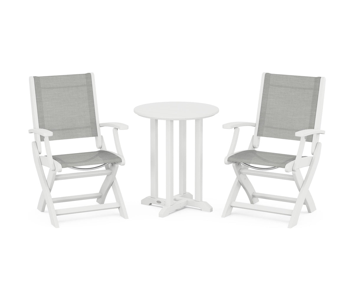 POLYWOOD Coastal Folding 3-Piece Round Bistro Dining Set in White / Metallic