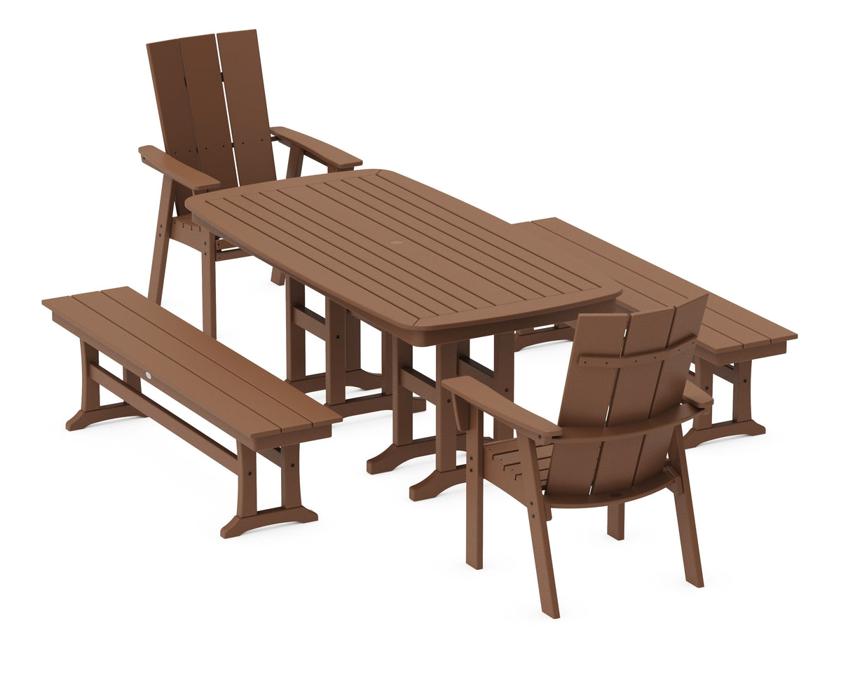 POLYWOOD Modern Curveback Adirondack 5-Piece Dining Set with Benches - 37" x 72" Table in Teak