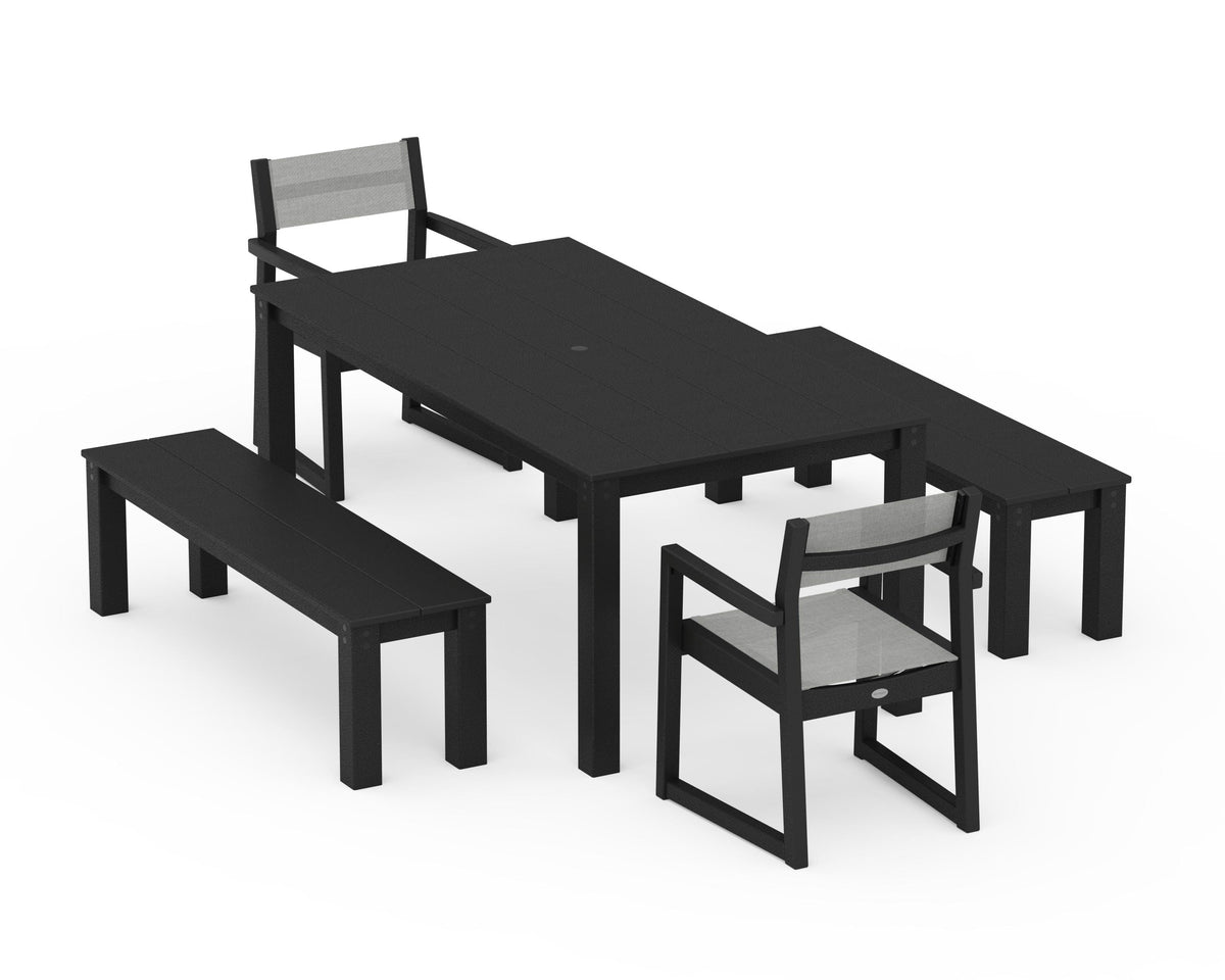 POLYWOOD EDGE Sling Arm Chair 5-Piece Parsons Dining Set with Benches in Black / Metallic