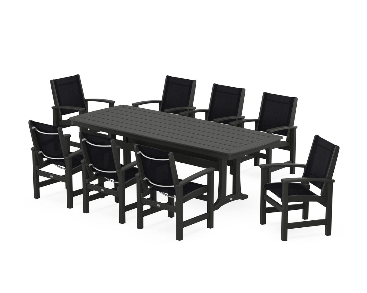 POLYWOOD Coastal 9-Piece Dining Set with Trestle Legs in Black / Black
