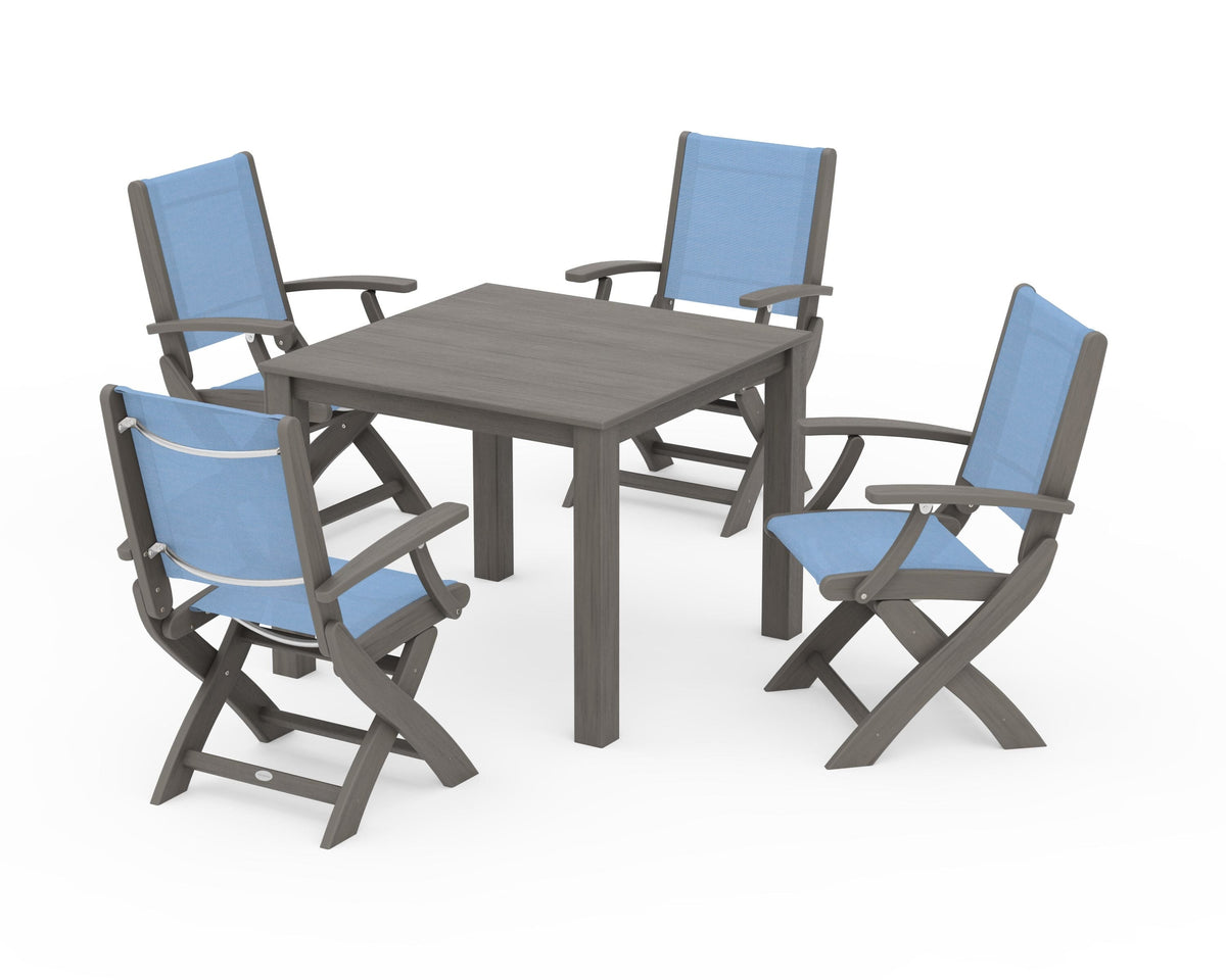 POLYWOOD Coastal Folding Chair 5-Piece Parsons Dining Set in Driftwood / Poolside