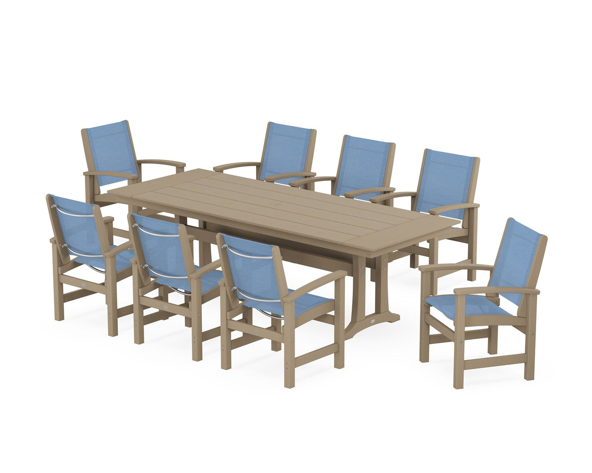 POLYWOOD Coastal 9-Piece Farmhouse Dining Set with Trestle Legs in Vintage Sahara / Poolside