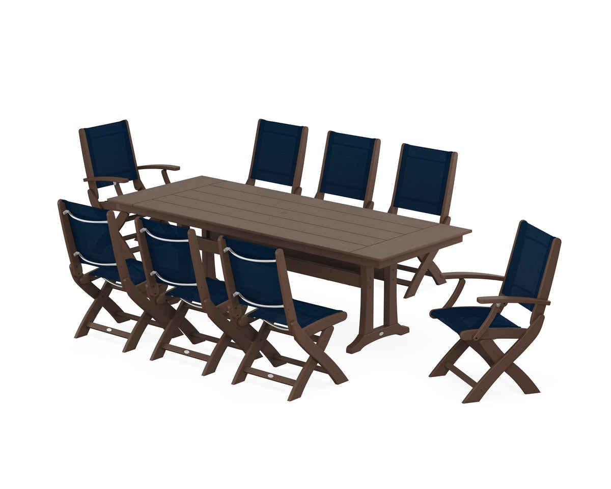 POLYWOOD Coastal 9-Piece Folding Dining Chair Farmhouse Dining Set with Trestle Legs in Mahogany / Navy Blue