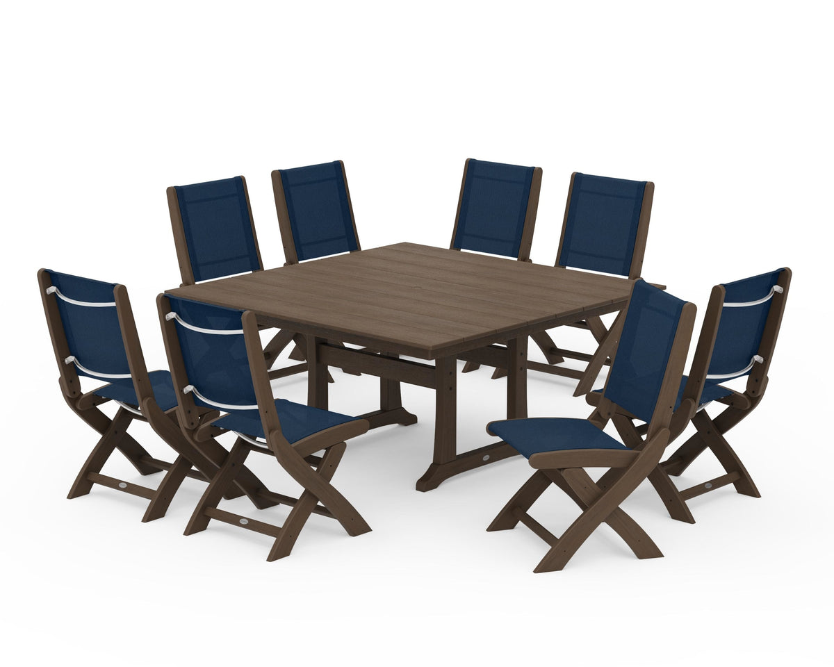 POLYWOOD Coastal Folding Side Chair 9-Piece Farmhouse Dining Set in Kona / Navy Blue