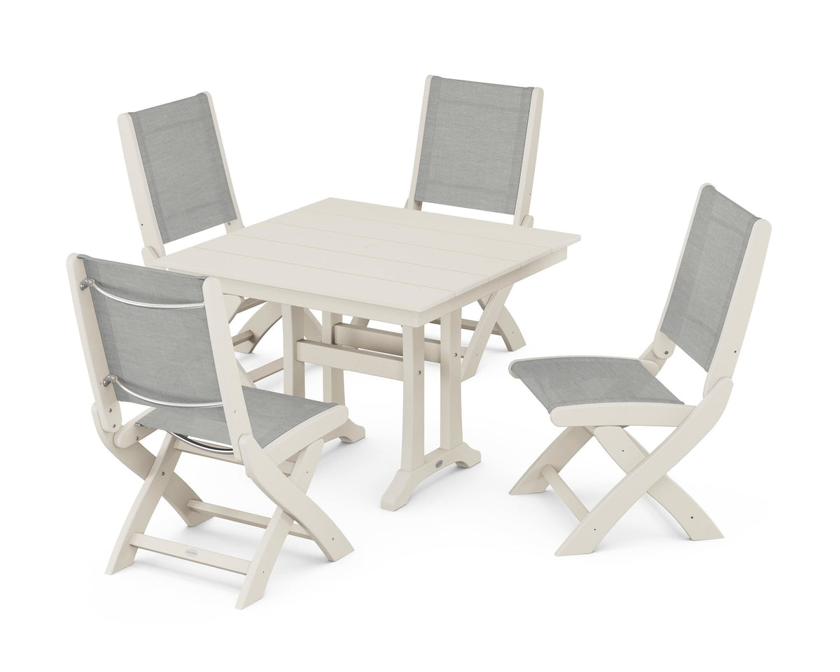 POLYWOOD Coastal Folding Side Chair 5-Piece Farmhouse Dining Set With Trestle Legs in Sand / Metallic