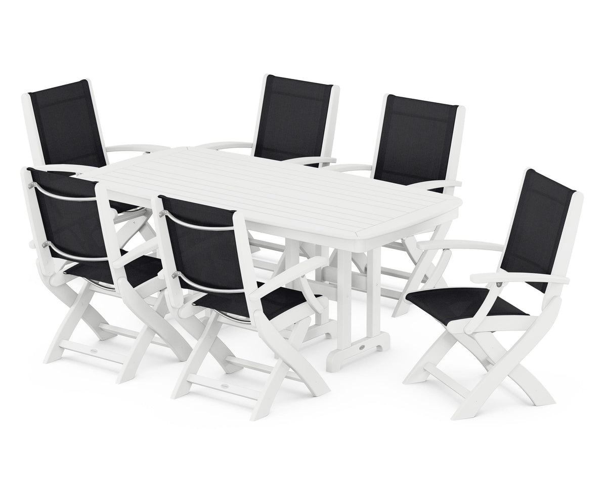 POLYWOOD Coastal Folding Arm Chair 7-Piece Dining Set in White / Black
