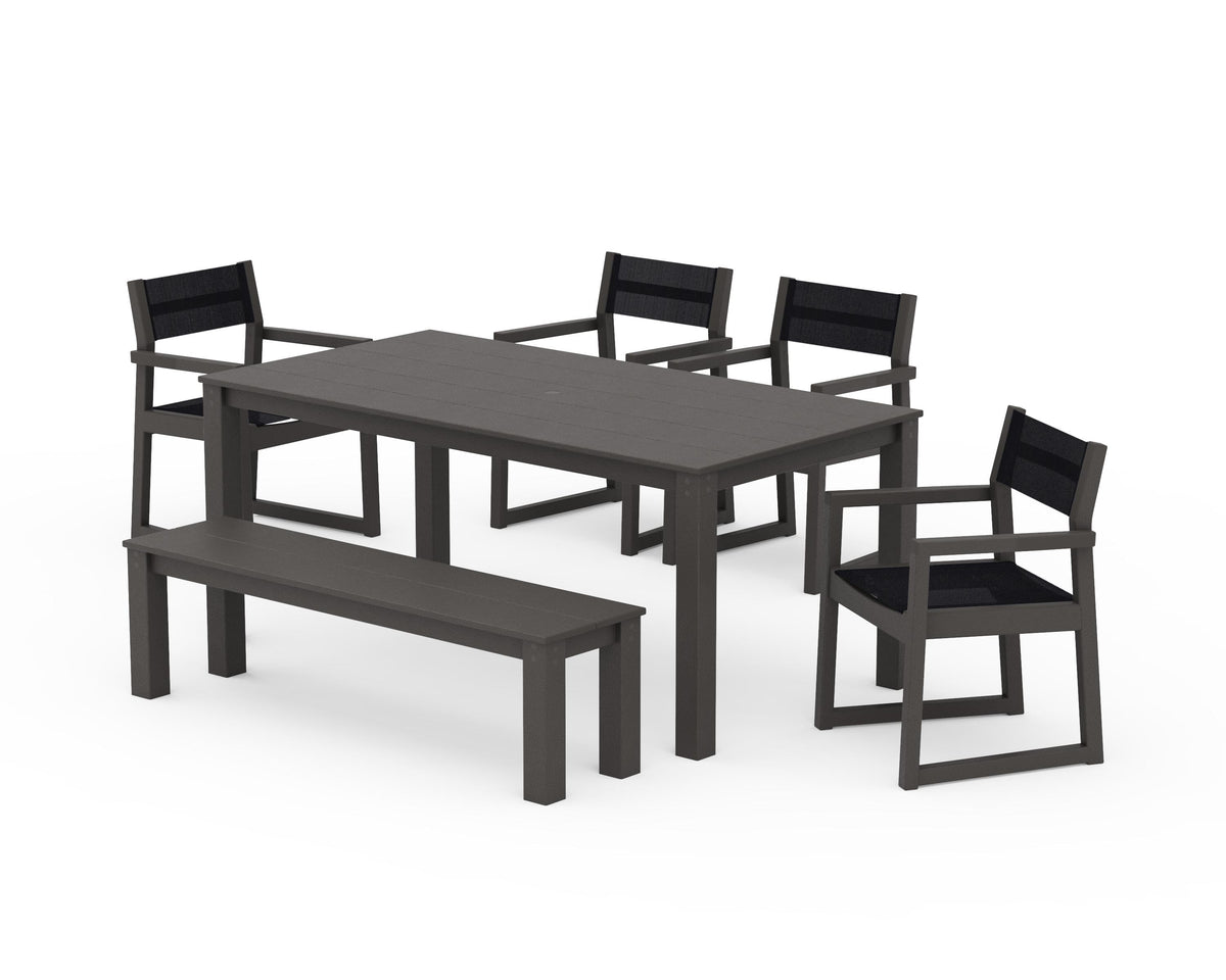 POLYWOOD EDGE Sling Arm Chair 6-Piece Parsons Dining Set with Bench in Vintage Coffee / Black