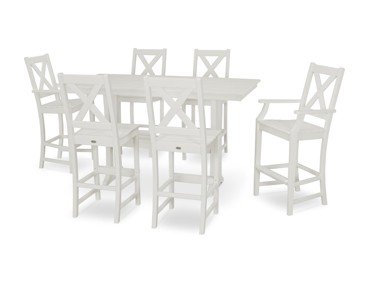 POLYWOOD Braxton 7-Piece Farmhouse Trestle Bar Set in Vintage White