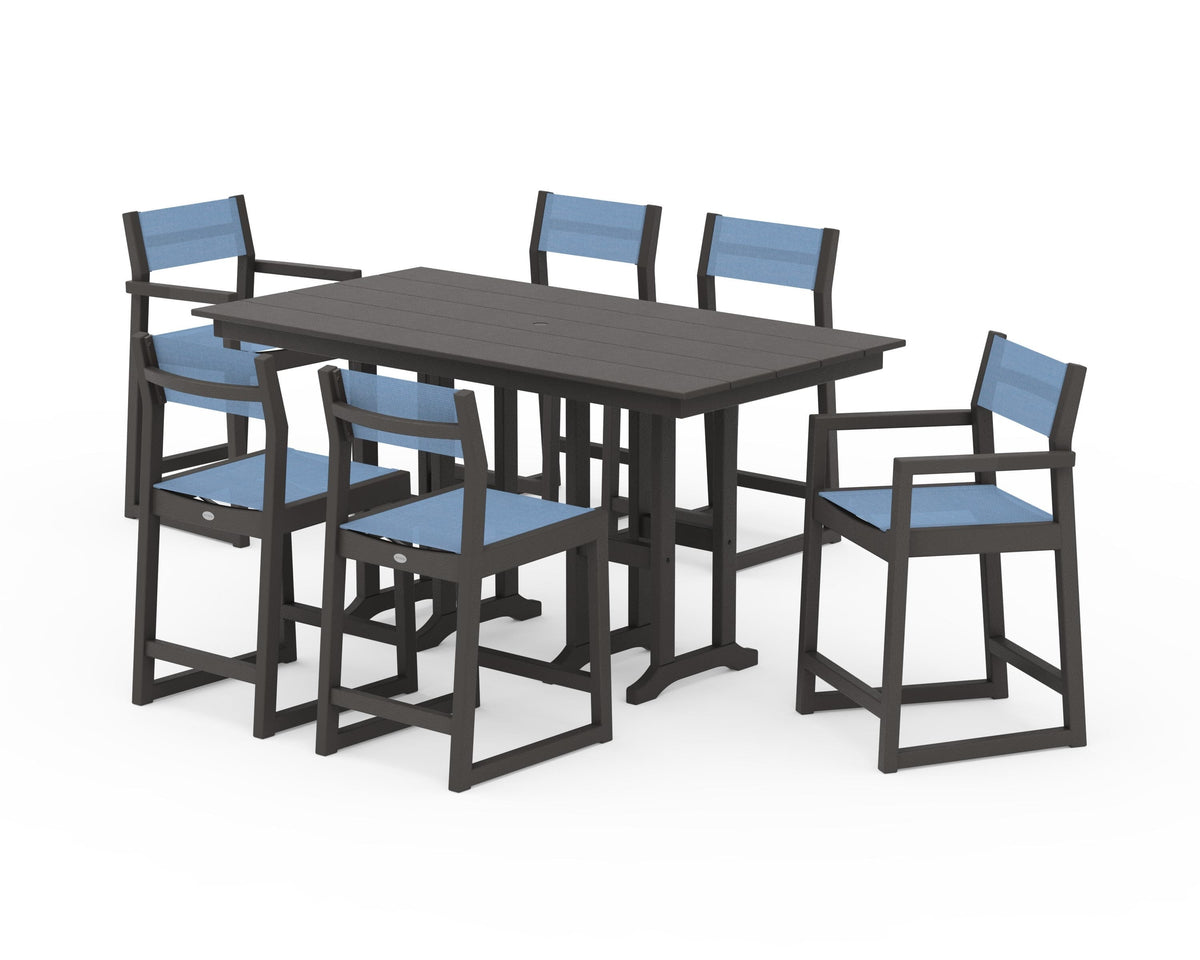POLYWOOD EDGE Sling 7-Piece Farmhouse Counter Set with Trestle Legs in Vintage Coffee / Poolside