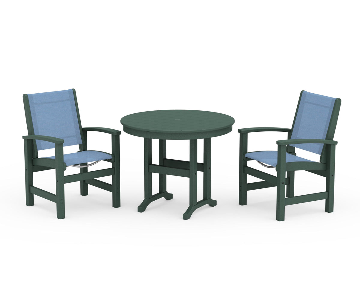 POLYWOOD Coastal 3-Piece Round Dining Set in Green / Poolside