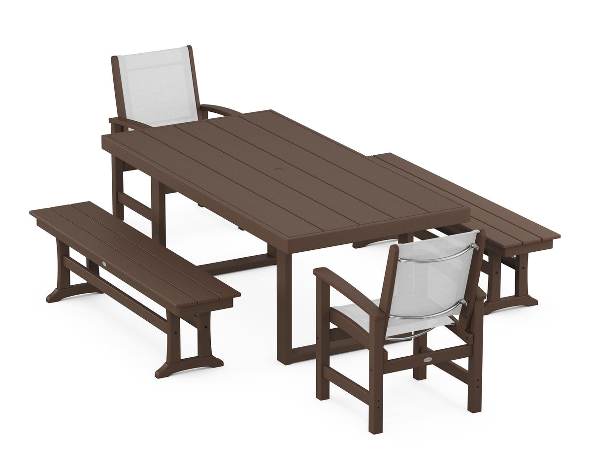 POLYWOOD Coastal 5-Piece Dining Set with Trestle Legs with EDGE 40" x 78" Dining Table in Mahogany / White