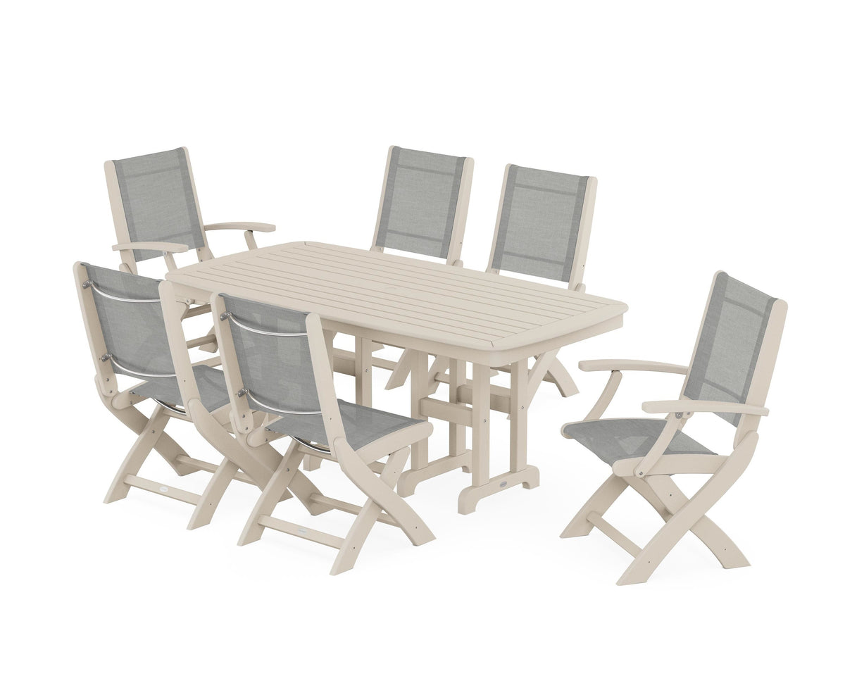 POLYWOOD Coastal Folding Chair 7-Piece Dining Set in Sand / Metallic