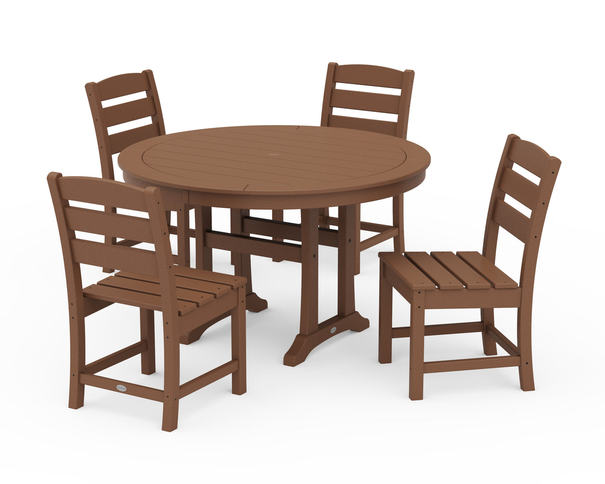 POLYWOOD Lakeside Side Chair 5-Piece Round Dining Set with Trestle Legs in Teak