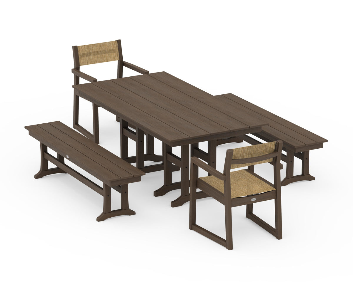 POLYWOOD EDGE Sling Arm Chair 5-Piece Farmhouse Dining Set with Benches in Kona / Burlap