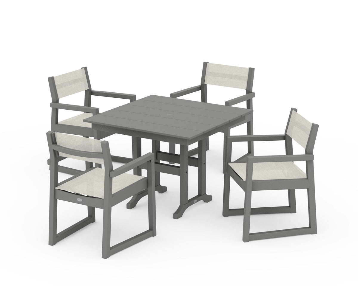 POLYWOOD EDGE Sling Arm Chair 5-Piece Farmhouse Dining Set in Slate Grey / Parchment