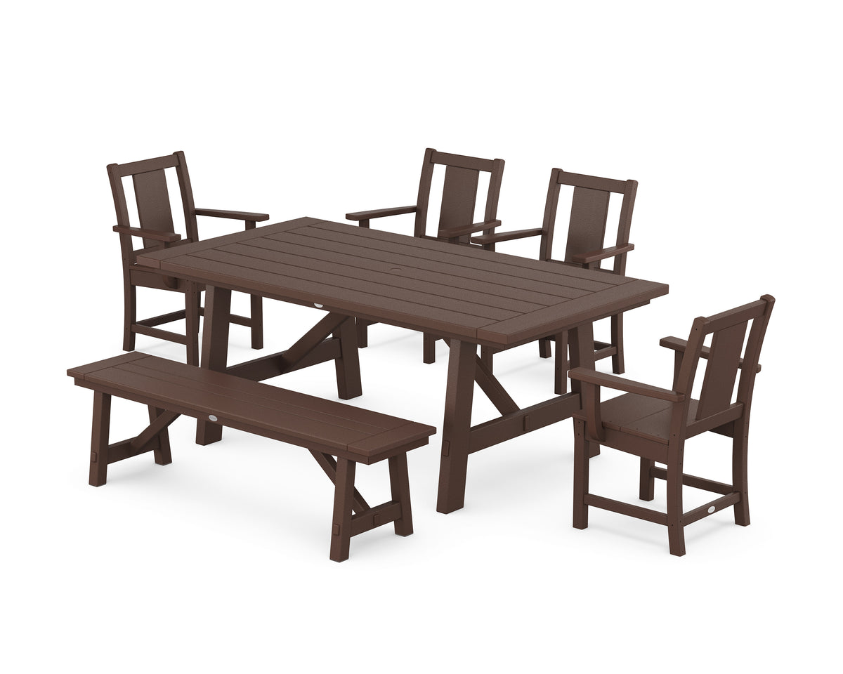 POLYWOOD Prairie 6-Piece Rustic Farmhouse Dining Set with Bench in Mahogany