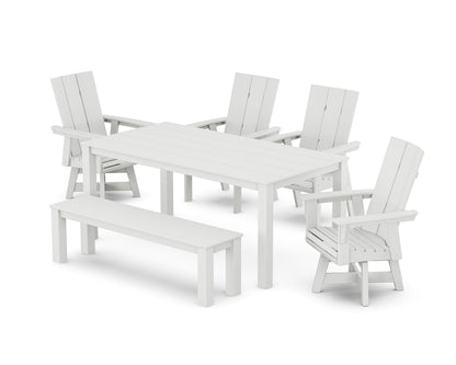 POLYWOOD Modern Curveback Adirondack 6-Piece Parsons Swivel Dining Set with Bench in White
