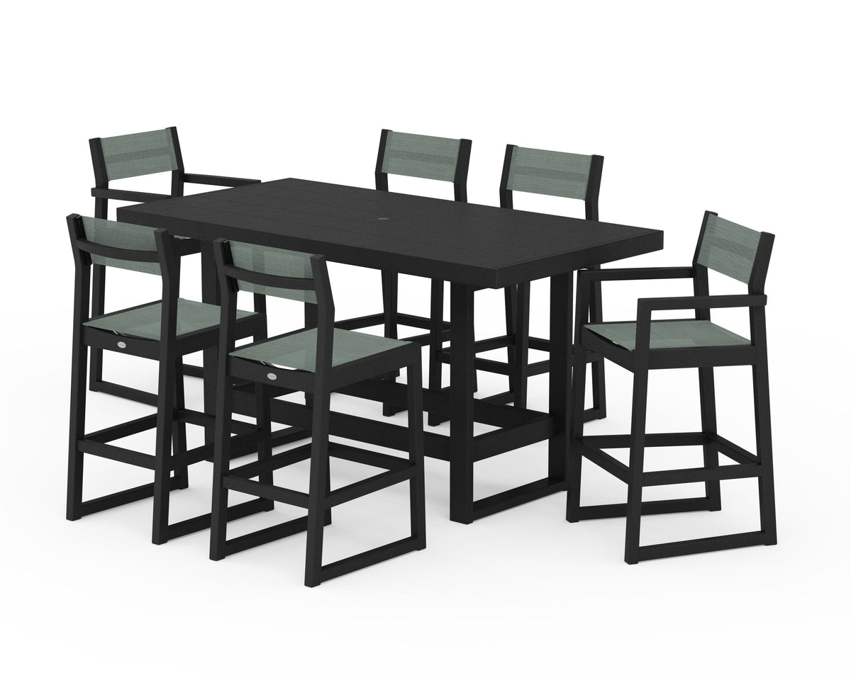 POLYWOOD EDGE Sling 7-Piece Bar Table Set in Black / Dupioni Sea Mist