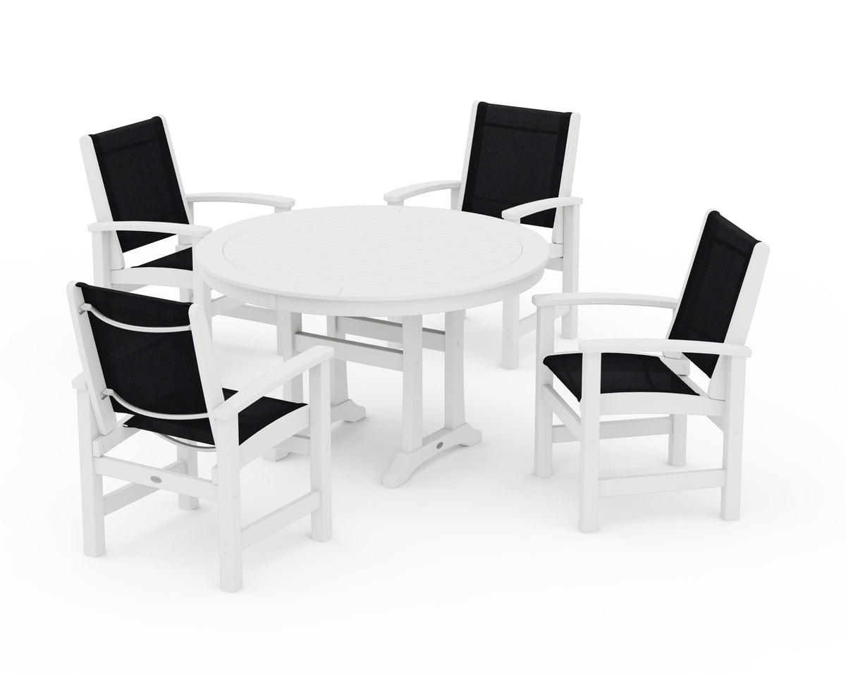 POLYWOOD Coastal 5-Piece Round Dining Set with Trestle Legs in White / Black