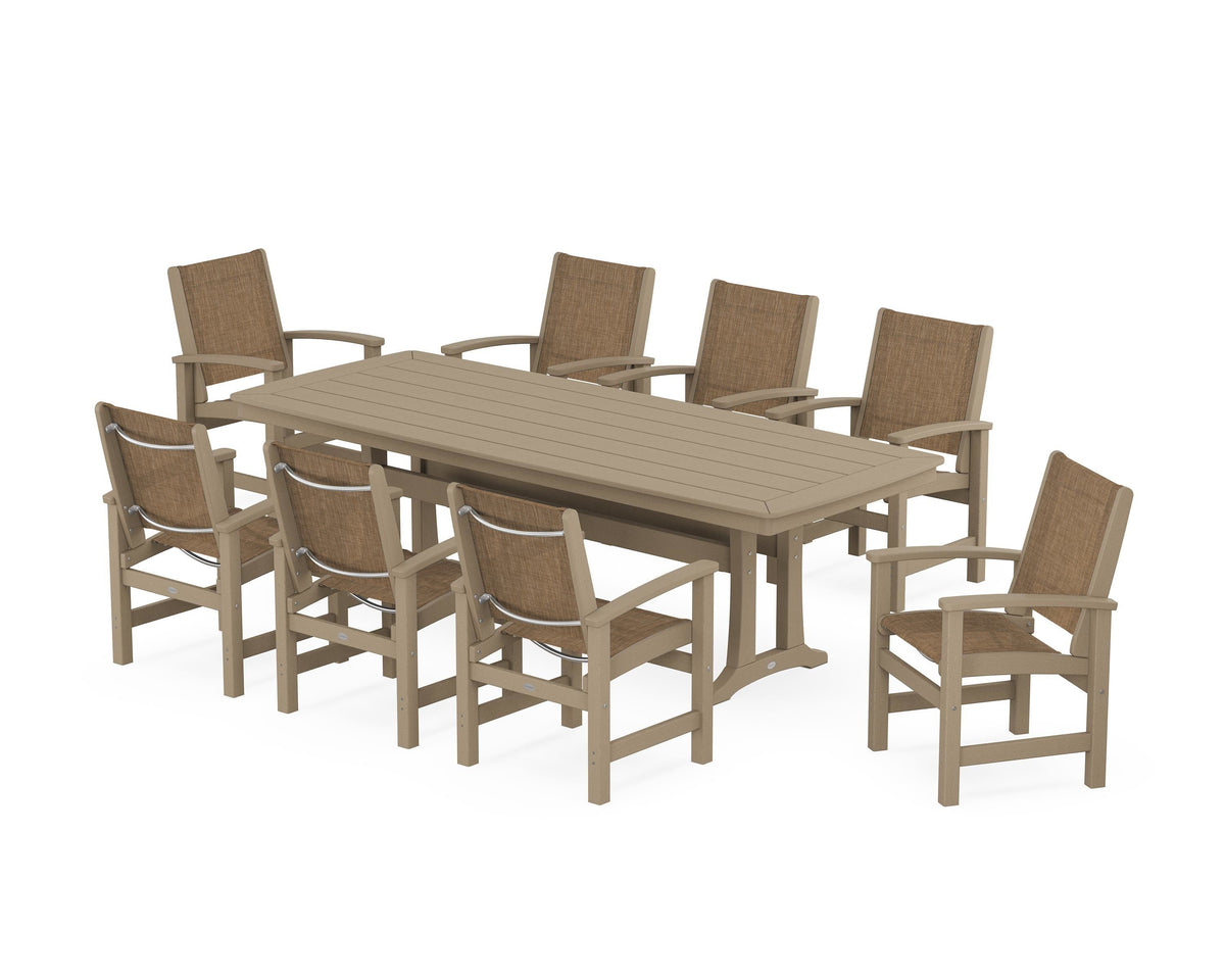 POLYWOOD Coastal 9-Piece Dining Set with Trestle Legs in Vintage Sahara / Burlap