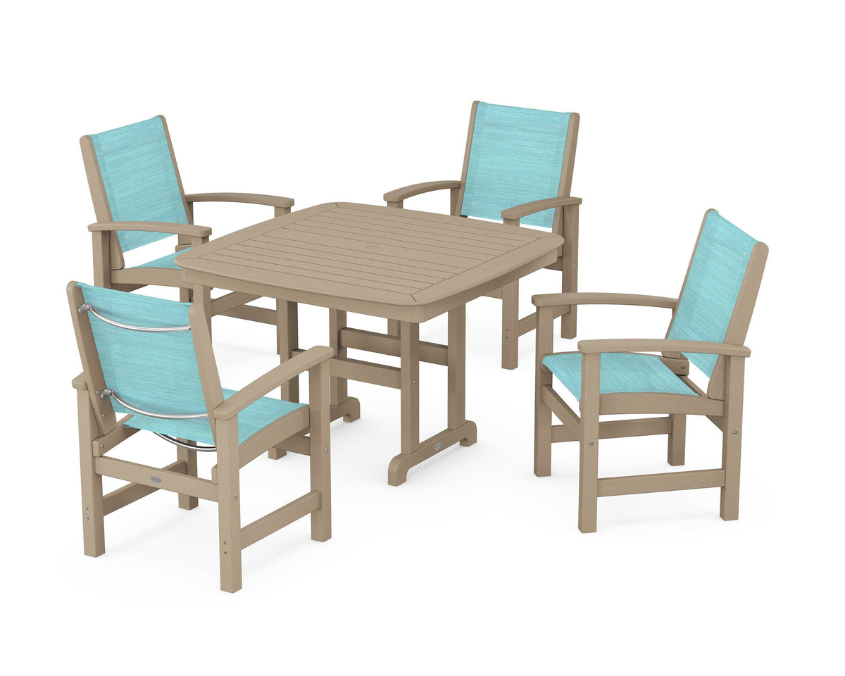 POLYWOOD Coastal 5-Piece Dining Set with Nautical 44" Dining Table in Vintage Sahara / Dupioni Aquamarine
