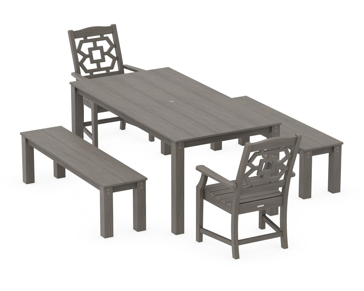 POLYWOOD Chinoiserie 5-Piece Parsons Dining Set with Benches in Driftwood