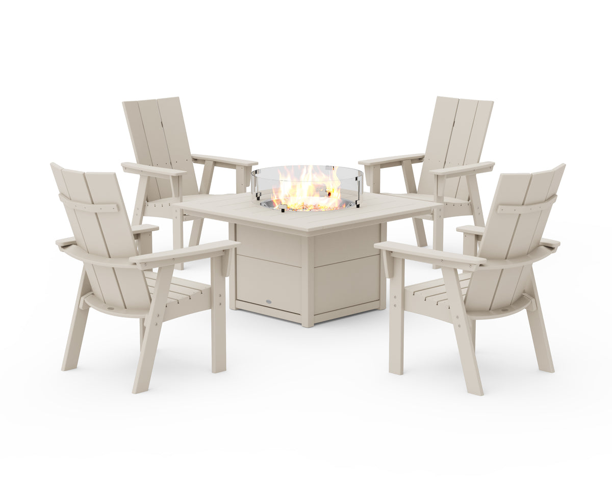 POLYWOOD Modern 4-Piece Curveback Upright Adirondack Conversation Set with Fire Pit Table in Sand