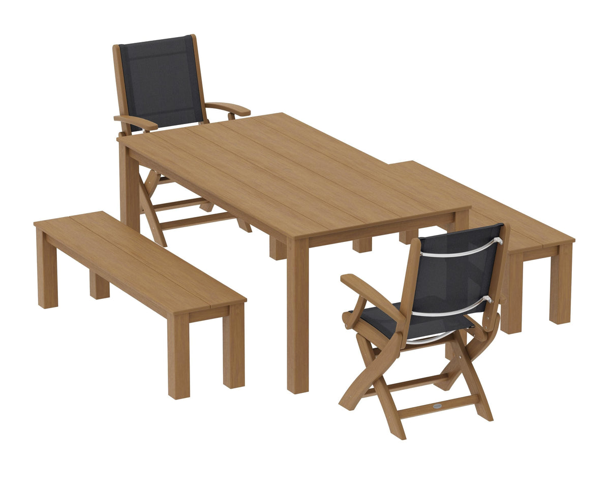 POLYWOOD Coastal Folding Chair 5-Piece Parsons Dining Set with Benches in Natural / Black